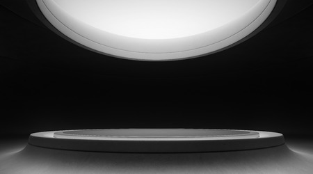 Abstract interior design of modern showroom with empty gray floor and black curved concrete wall background, Podium for product display in future architecture or spaceship - Stage 3d illustrationの写真素材