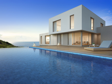 Luxury beach house with sea view swimming pool and terrace in modern design, Vacation home or holiday villa for big family - 3d illustration of new residential buildingの写真素材