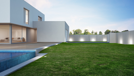 Luxury house with swimming pool and terrace near lawn in modern design, Vacation home or holiday villa for big family - 3d illustration of new residential buildingの写真素材