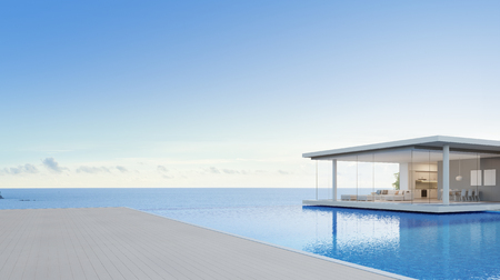 Luxury beach house and sea view swimming pool near empty wooden floor deck in modern design, Vacation home or hotel for big family with blue sky background - 3d illustration of holiday villa exteriorの写真素材