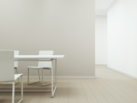 White table and chairs on wooden floor with empty beige concrete wall background, Meeting or dining area in bright room of modern house - Home interior 3d illustrationの写真素材