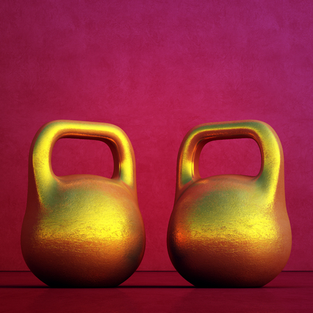 Chinese new year with gold ingots in healthy and wealthy concept. 3d illustration of kettlebell on red wall background at gym.の写真素材