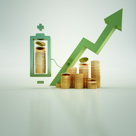 3d illustration of gold coins with battery and financial graph on white copy space background in business growth or digital currency concept.の写真素材