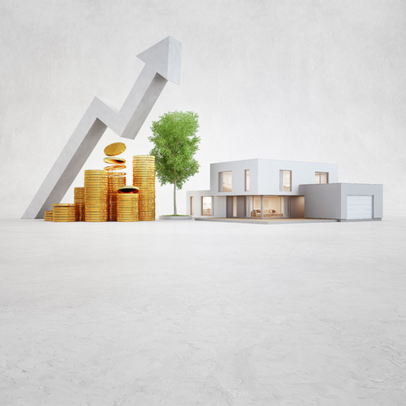 Modern house on concrete floor with white copy space background in real estate sale or property investment concept, Buying new home for big family - 3d illustration of residential building exteriorの写真素材