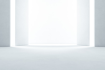 Abstract interior design of modern showroom with empty concrete floor and white wall background - Hall or stage 3d illustrationの写真素材