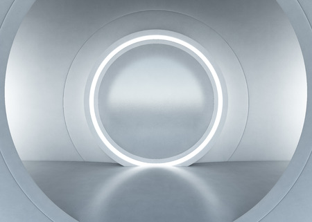 Abstract interior design of modern showroom with empty gray concrete floor and white wall background. Hall or stage 3d illustration.の写真素材