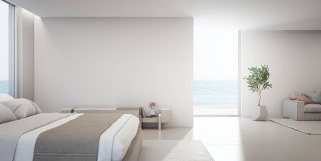 Sea view living room and bedroom of luxury summer beach house with TV stand near double bed. Empty white concrete wall background in vacation home or holiday villa. Hotel interior 3d illustration.の写真素材