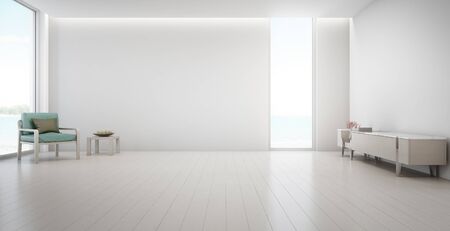 Sea view large living room of luxury summer beach house with TV stand and wooden cabinet. Empty...