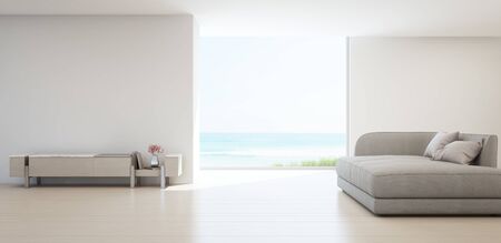 Sea view living room of luxury summer beach house with TV stand and wooden cabinet. Empty white concrete wall background in vacation home or holiday villa. Hotel interior 3d illustration.の写真素材