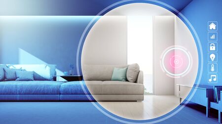 Sea view living room of luxury summer beach house with application icons in smart home concept. Hotel interior 3d illustration.の写真素材