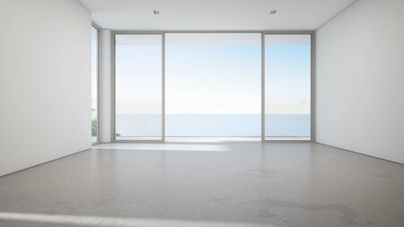 Sea view large living room of luxury summer beach house with big glass door and empty concrete floor. Vacation home or holiday villa interior 3d illustration.の写真素材