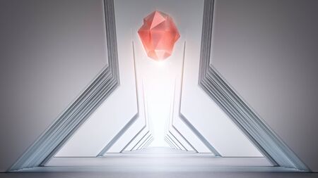 Large corridor with empty dark concrete floor and red cosmic gem. 3d illustration of future architecture.の写真素材