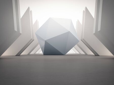 Geometric shapes structure on empty concrete floor with white wall background in hall or modern showroom. Construction technology for future architecture. Abstract interior design 3d illustration.の写真素材