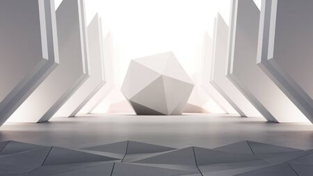 Geometric shapes structure on gray concrete floor with white wall background in hall or modern showroom. Construction technology for future architecture. Abstract interior design 3d illustration.の写真素材