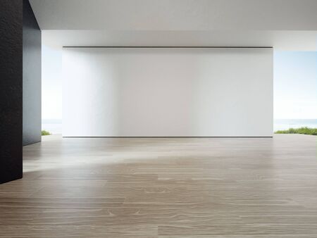 Sea view room of luxury summer beach house with wooden floor. Empty white concrete wall background in vacation home or holiday villa. Hotel interior 3d illustration.の写真素材