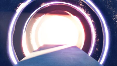 Abstract circle space interior of showroom with empty floor. Dark background ring 3d rendering.の写真素材