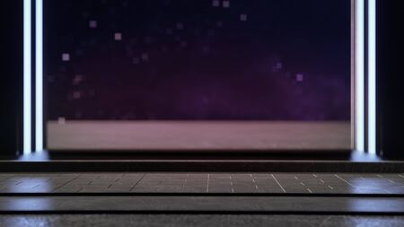 Empty steel or concrete floor in future architecture for abstract background. Dark 3d rendering of outdoor space with fantasy technology.の写真素材