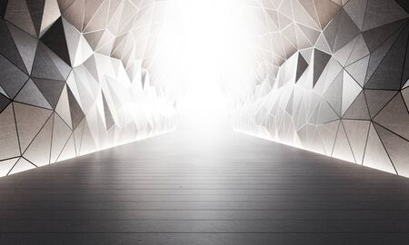 Geometric shapes structure on gray concrete floor with white wall background in big hall or modern showroom. Construction technology for future architecture. Abstract interior design 3d illustration.の写真素材