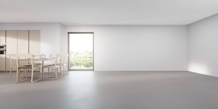 Glass window near wooden table and cabinet of modern lake view kitchen in luxury summer house. Gray concrete floor dining room 3d rendering with empty large white wall background.の写真素材