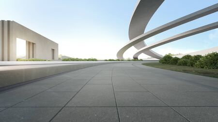 Empty concrete floor in city park. 3d rendering of outdoor space and future architecture with blue sky background.の写真素材