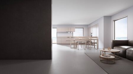 Sea view kitchen, dining and living room of luxury beach house in modern design. Vacation home for big family. Hotel interior 3d illustration.の写真素材