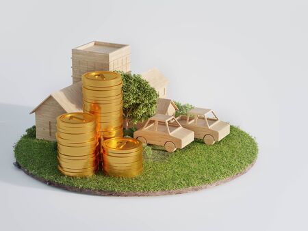Little house with small car on earth and green grass in real estate sale or property investment concept. Buying land for new home. 3d illustration of big coins near wooden toy.の写真素材