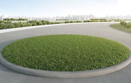 Empty grass on concrete floor in smart city. 3d rendering of outdoor space and future architecture with clear sky background.の写真素材