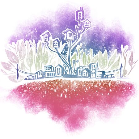 Big tree and house in the city. Real estate or property investment concept. Digital illustration.の写真素材