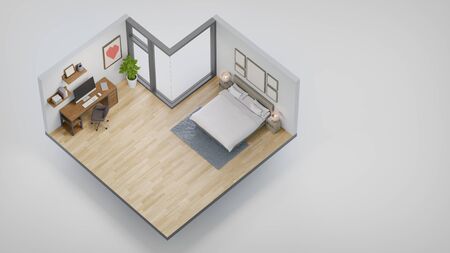 Home office with working table and bedroom in real estate sale or property investment concept....