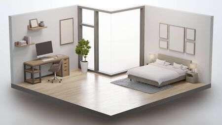 Home office with working table and bedroom in real estate sale or property investment concept. Isometric low poly part of house 3d rendering.の写真素材