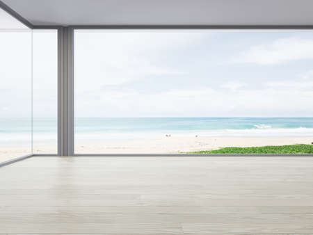 Sea view large living room of luxury summer beach house with big glass window and wooden floor. Interior 3d illustration in vacation home or holiday villa.の写真素材