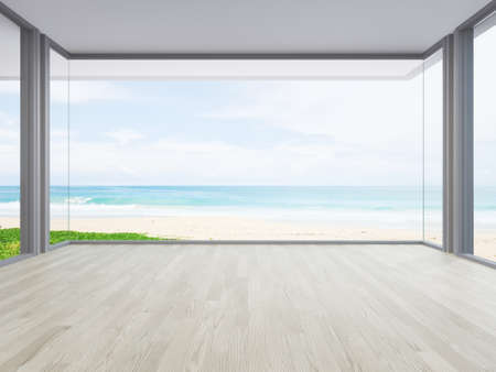 Sea view large living room of luxury summer beach house with big glass window and wooden floor. Interior 3d illustration in vacation home or holiday villa.の写真素材