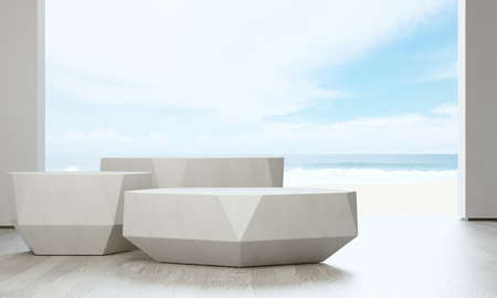 Sea view living room of luxury summer beach house. Empty white podiums for product display in studio or showroom. Hotel interior 3d illustration.の写真素材