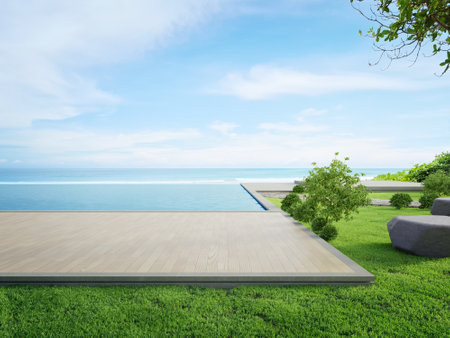 Luxury beach house with sea view swimming pool and terrace in modern design. Wooden floor deck at vacation home or hotel. 3d illustration of contemporary holiday villa exterior.