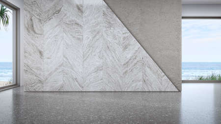 Minimal interior design of modern showroom with empty dark floor and gray concrete wall background. Apartment or hotel 3d illustration in renovation concept.の写真素材