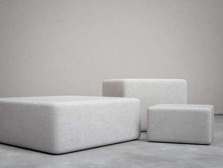 Empty soft cube podiums in studio or showroom. Product display stand 3d illustration.の写真素材