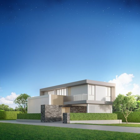 Luxury house in modern design. Green grass lawn at vacation home. 3d illustration of contemporary holiday villa exterior building with garden picture and starry blue sky image background.の写真素材