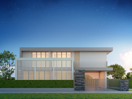 Luxury house in modern design. Green grass lawn at vacation home. 3d illustration of contemporary holiday villa exterior building with garden picture and starry blue sky image background.の写真素材