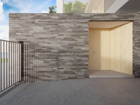 Luxury beach house with sea view and wooden entrance door in modern design. Empty concrete floor car...
