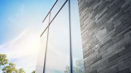 3d illustration of modern building exterior. Granite tile wall and steel frame glass window with blue sky background.の写真素材