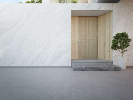 Luxury house with marble wall and wooden front door in modern design. Empty concrete floor near home entrance. 3d illustration of contemporary holiday villa exterior.の写真素材