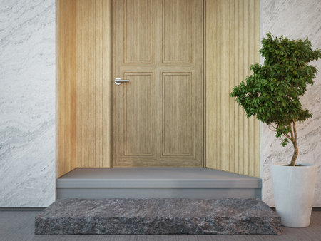Luxury house with marble wall and wooden front door in modern design. Stone floor step near home entrance. 3d illustration of contemporary holiday villa exterior.の写真素材