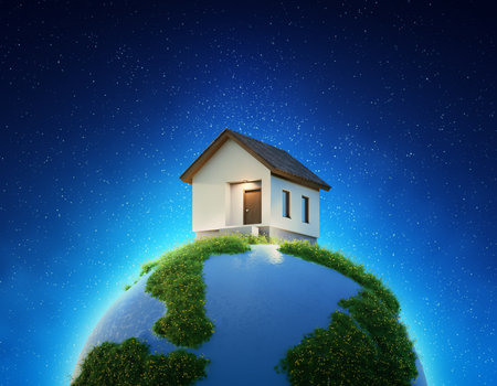 House on earth and green grass in real estate sale or property investment concept. Buying land for new home. 3d illustration of big advertising sign.の写真素材