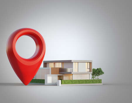 Modern house with location pin icon on white background in real estate sale or property investment concept. Buying land for new home. 3d illustration of big red map pointer symbol near small building.の写真素材