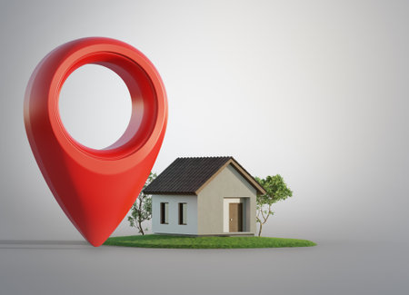 Simple house with location pin icon on white background in real estate sale or property investment concept. Buying land for new home. 3d illustration of big red map pointer symbol near small building.の写真素材