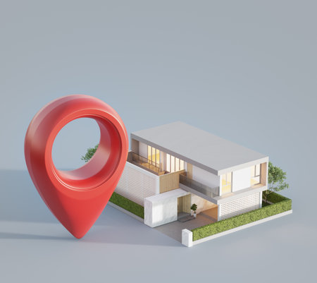 Modern house with location pin icon on white background in real estate sale or property investment concept. Buying land for new home. 3d illustration of big red map pointer symbol near small building.の写真素材