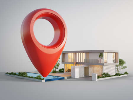 Modern house with location pin icon on white background in real estate sale or property investment concept. Buying land for new home. 3d illustration of big red map pointer symbol near small building.の写真素材