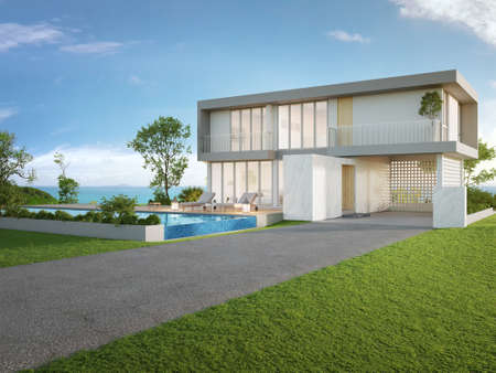 Luxury beach house with sea view swimming pool and big garden in modern design. Empty green grass lawn at vacation home. 3d illustration of contemporary holiday villa exterior.の写真素材
