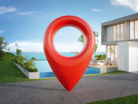 Modern house with location pin icon on asphalt road in real estate sale or property investment concept. Buying land for new home. 3d illustration of big red map pointer symbol near small building.の写真素材