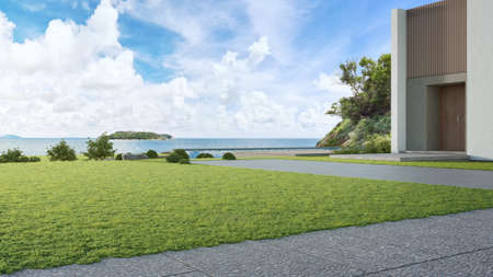 Luxury beach house with sea view swimming pool and big garden in modern design. Empty green grass lawn at vacation home. 3d illustration of contemporary holiday villa exterior.の写真素材